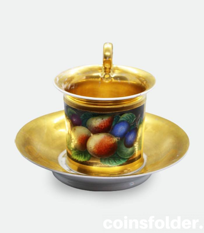 Gilded 1814-1832 Batenin Russian Porcelain Cup with Saucer