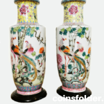 Antique China Collectible Hand Painted Two Chinese porcelain vases,  polychrome decor of various birds and calligraphy