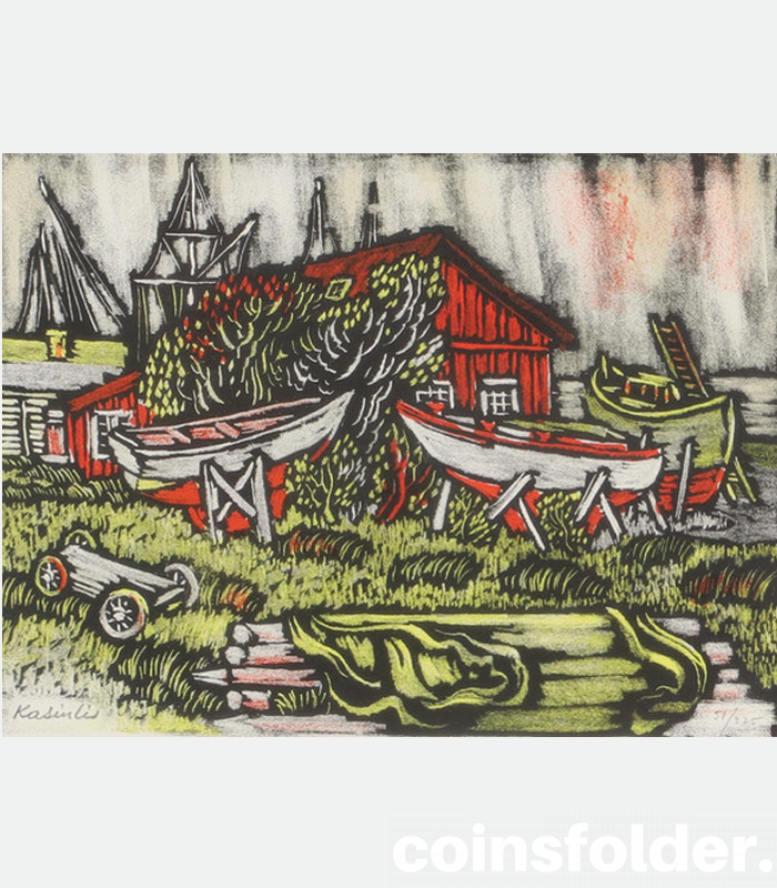 VYTAUTAS KASIULIS. Composition with boats, color lithograph, signed Kasiulis