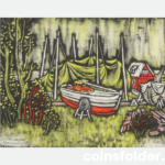 VYTAUTAS KASIULIS. Composition with boats, color lithograph, signed Kasiulis