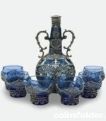 Vintage Set Blue Glass with Metal decorations Liquor Decantery and Glasses