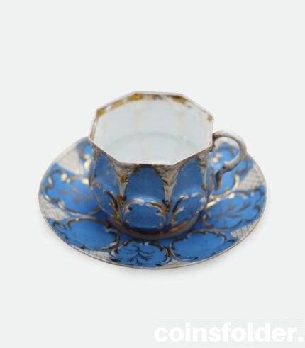 Antique Imperial Russian Kuznetsov Bone China Blue Tea Cup and Saucer