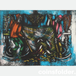 Colour lithograph by Vytautas Kasiulis Composition with fisherman