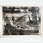 Large lithograph by Vytautas Kasiulis Composition with fisherman, not framed