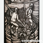 Large lithograph by Vytautas Kasiulis Composition with fisherman, not framed