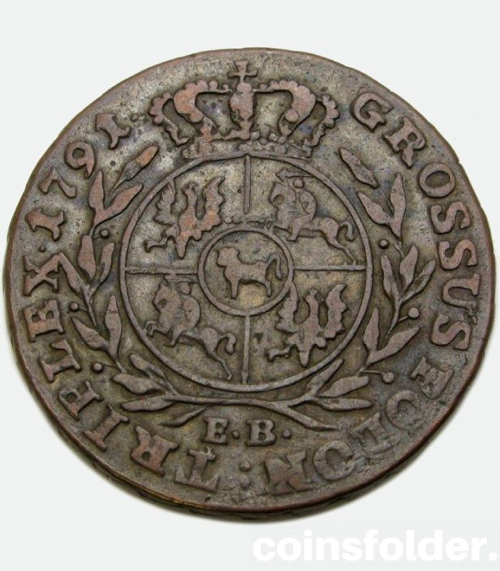 1791 3 grossus eb Poland copper coin - Stanisław August Poniatowski