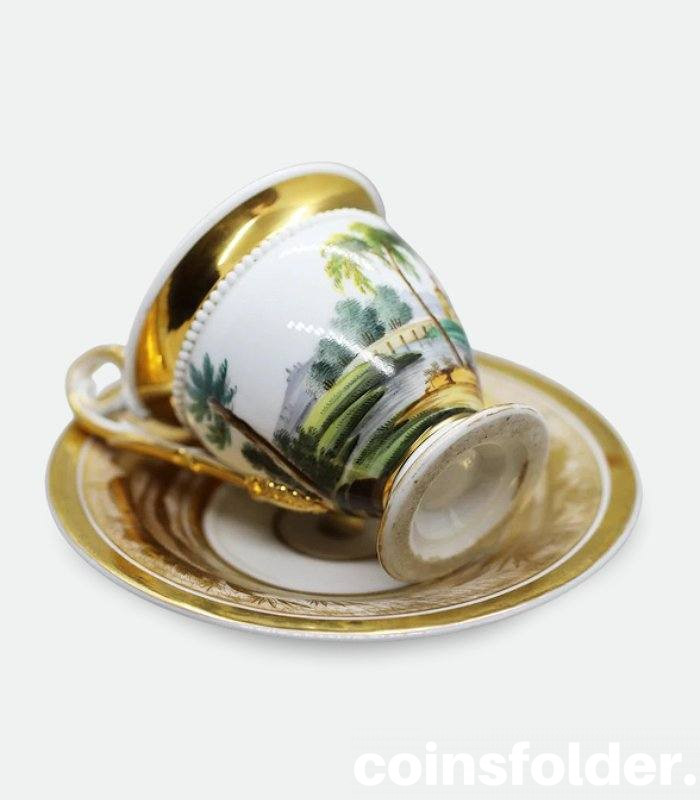 Antique Russian Popov Porcelain Cup and Saucer Gilded Italian landscape XIXc