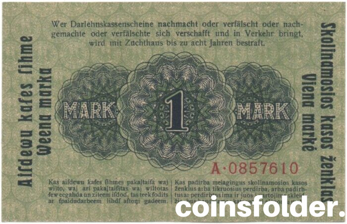 UNC 1918 1 Mark, OST Kowno, Germany - Lithuania