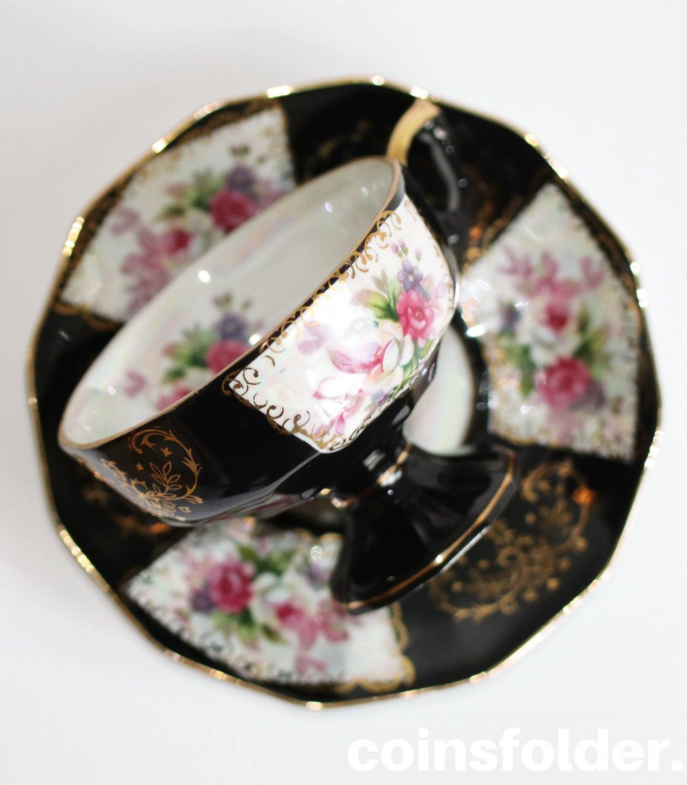 Vintage Porcelain Cup and Saucer, black with flowers