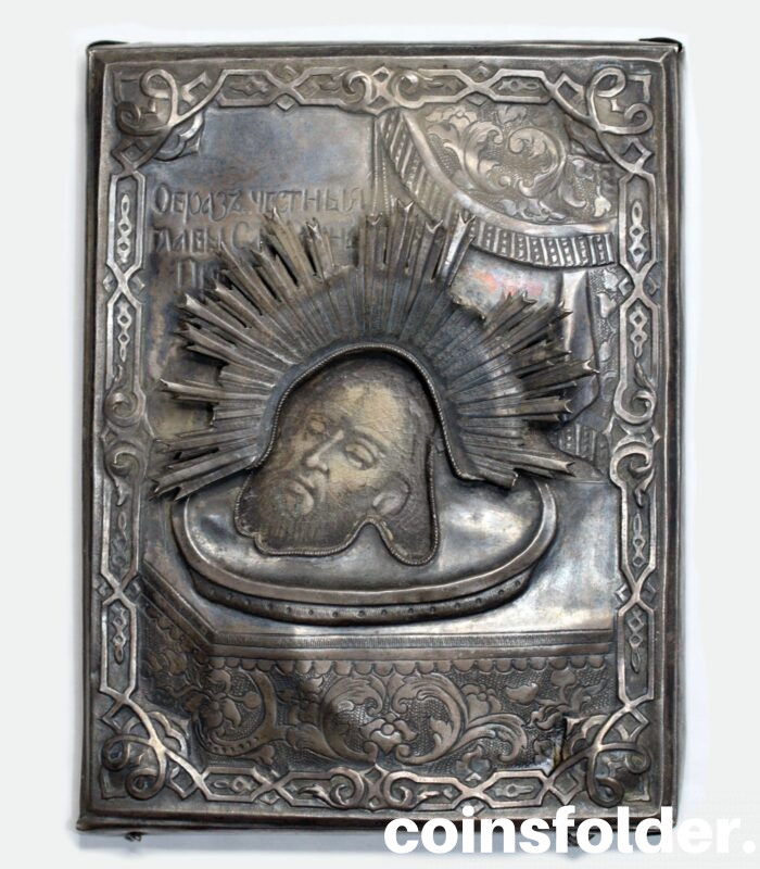 XIX c. antique small russian orthodox icon, silver and hand painted on wood