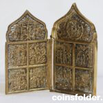 XIX c. antique russian bronze orthodox icon of 2 folding parts