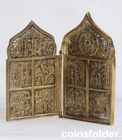 XIX c. antique russian bronze orthodox icon of 2 folding parts