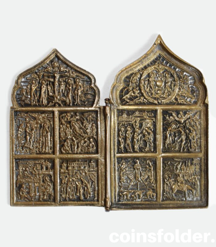 XIX c. antique russian bronze orthodox icon of 2 folding parts