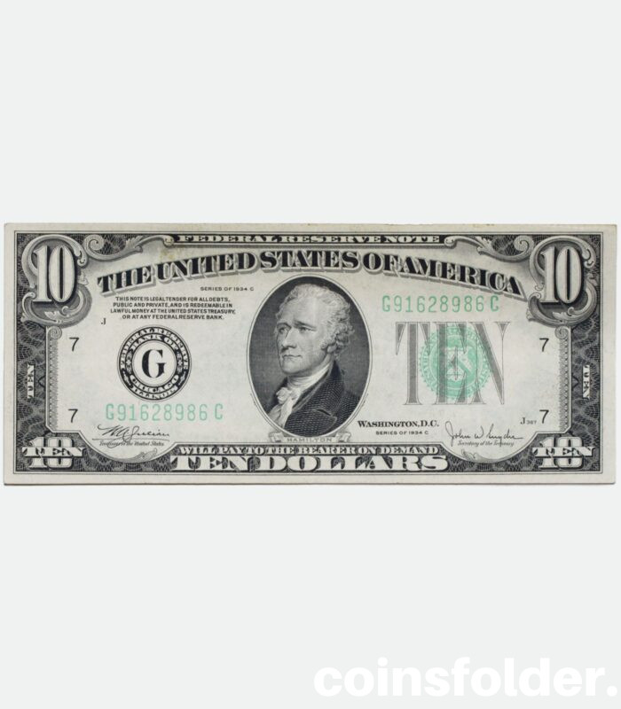 1934 C USA 10 Dollar Federal Reserve Note, Green Seal, XF