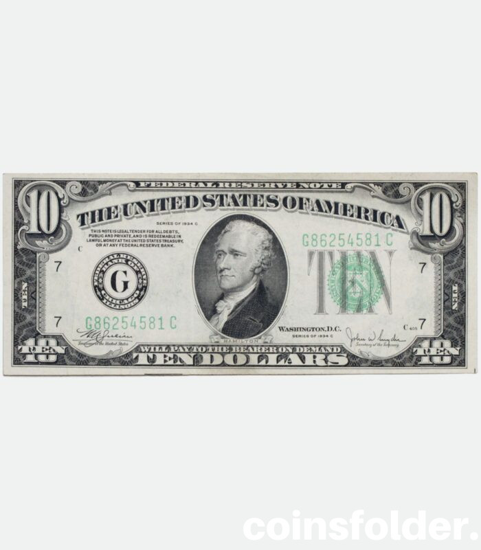 1934 USA C 10 Dollar Federal Reserve Note, Green Seal, XF
