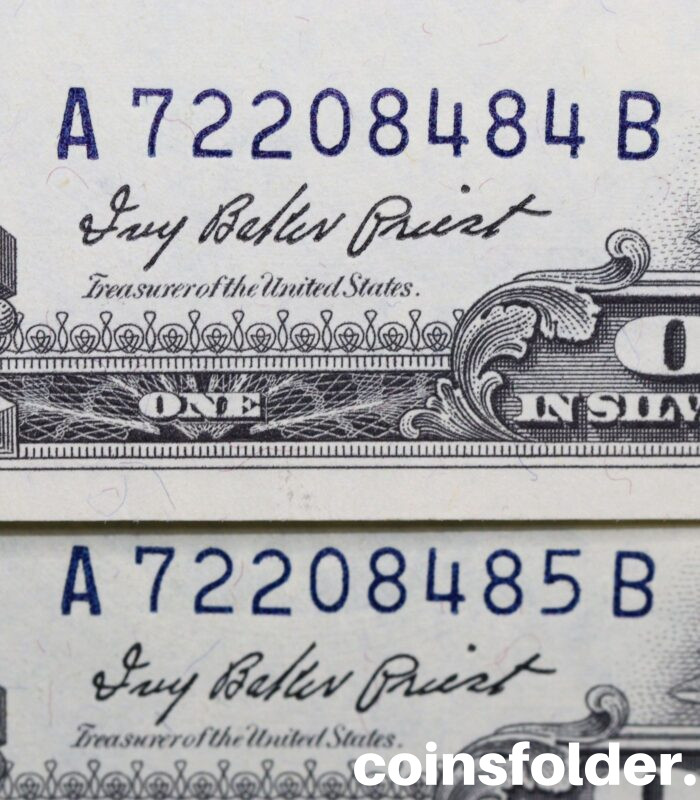 Set of 2 1957 USA 1 Dollar Silver Certificate, Consecutive number, Blue Seal, UNC
