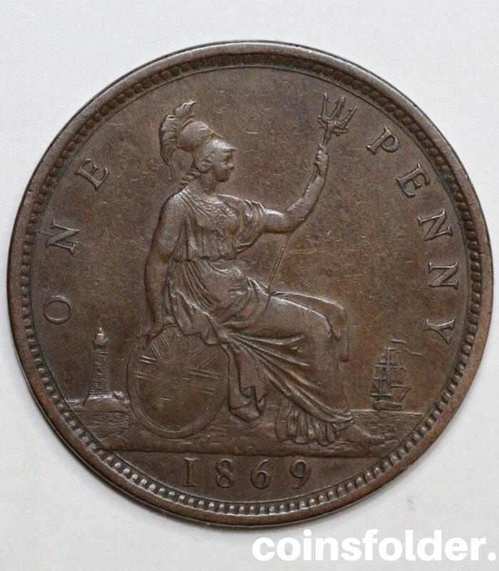 Very Rare 1 penny of 1869 year in XF condition
