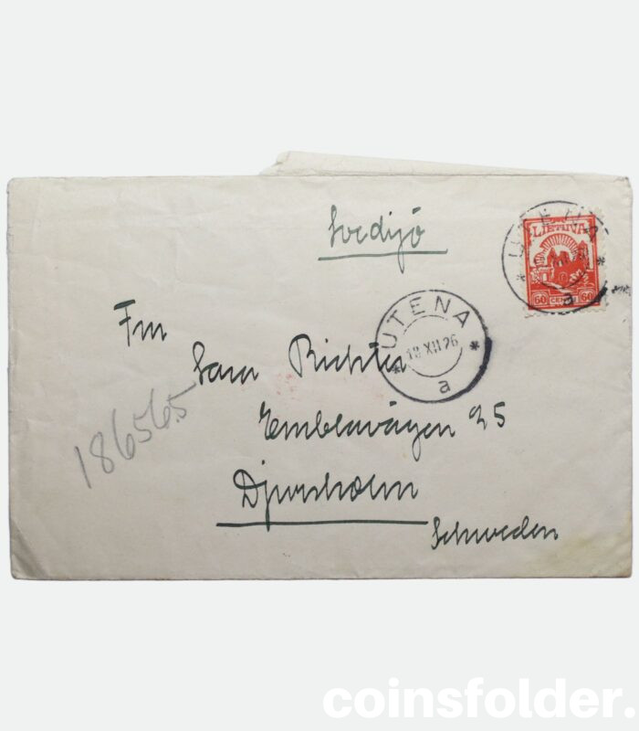 1926 Lithuania Utena 60 centai to Sweden, Letter Cover