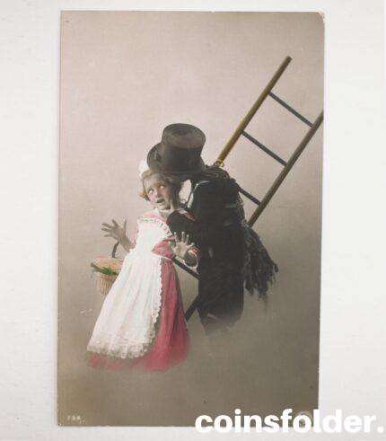 A boy and a girl, antique 1920's tinted postcard with letter