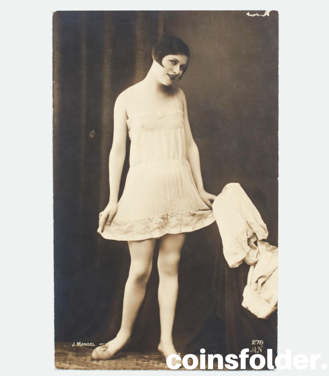 Antique erotic postcard with pretty woman in nightgowns, by J. Mandel