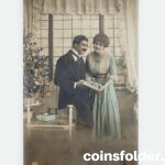 Young Couple with the Christmas Tree, Antique Postcard with Letter