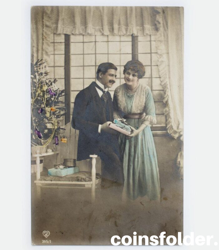 Young Couple with the Christmas Tree, Antique Postcard with Letter