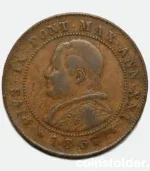 1867 Vatican Papal States coin - 2 Soldi VF - Pius IX