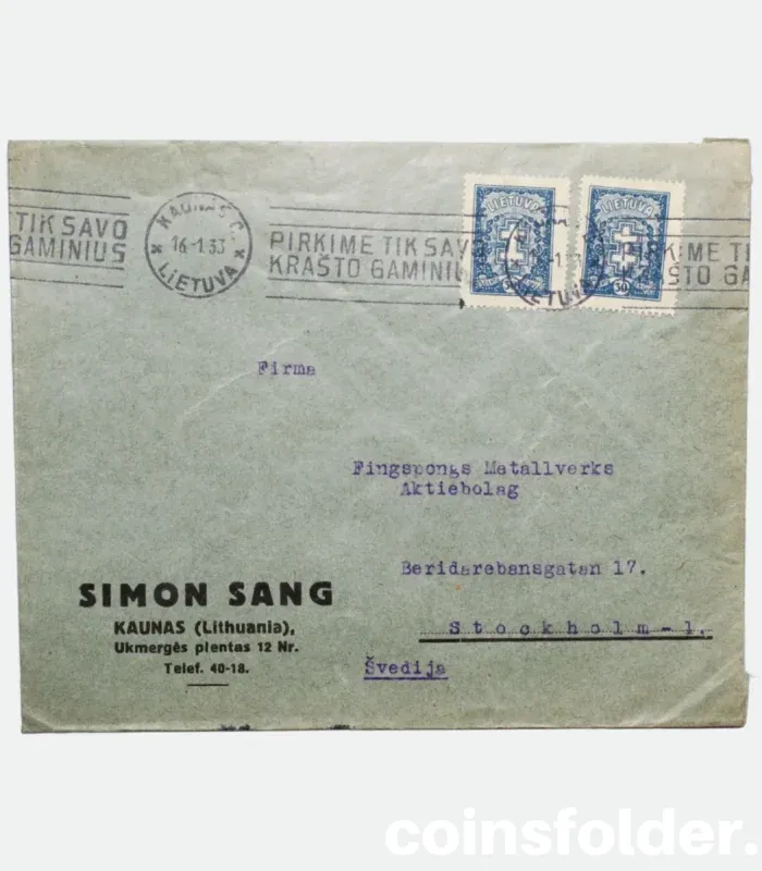 1930 2x30 cnt Lithuania Kaunas to Sweden Stockholm, Promotional Envelope, Letter Cover