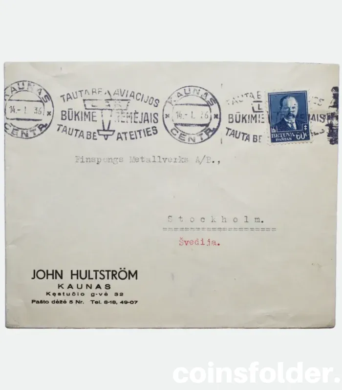 1936 60 cnt Lithuania Kaunas to Sweden Stockholm, Promotional Envelope, Letter Cover