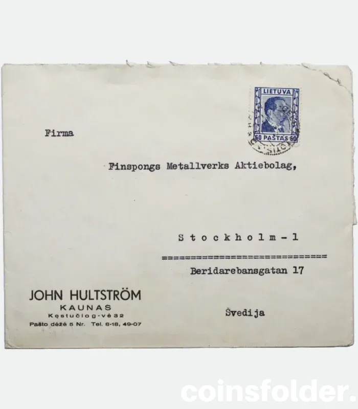 1937 60 cnt Lithuania Kaunas to Sweden Stockholm, Letter Cover