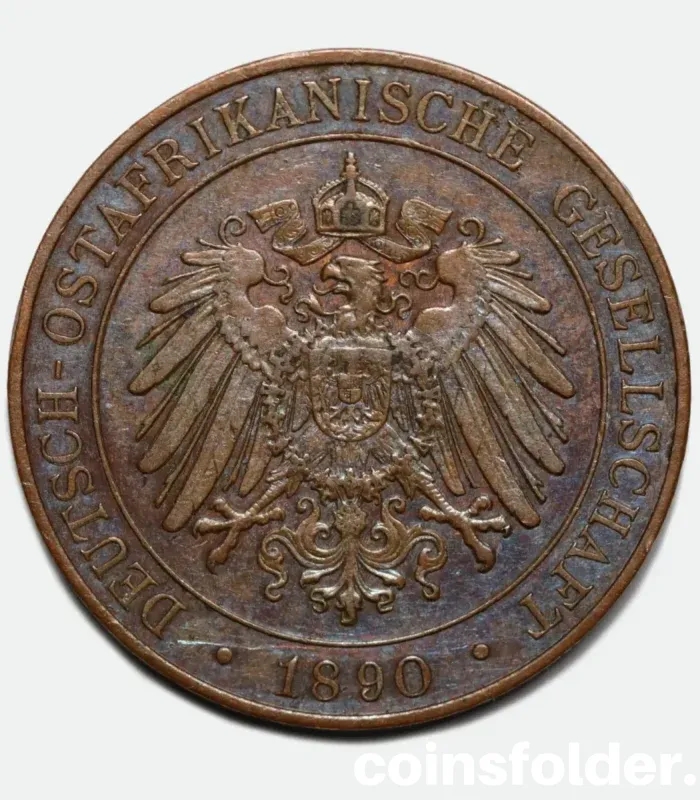 1890 German East Africa 1 Pesa coin with blue toning, featuring Emperor Wilhelm II