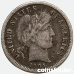 1904 USA One Dime coin, VF - "Barber Dime"