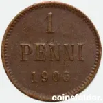 1905 Finland under the Russian 1 Penni coin, VF