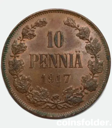 1917 Finland 10 Pennia coin, UNC