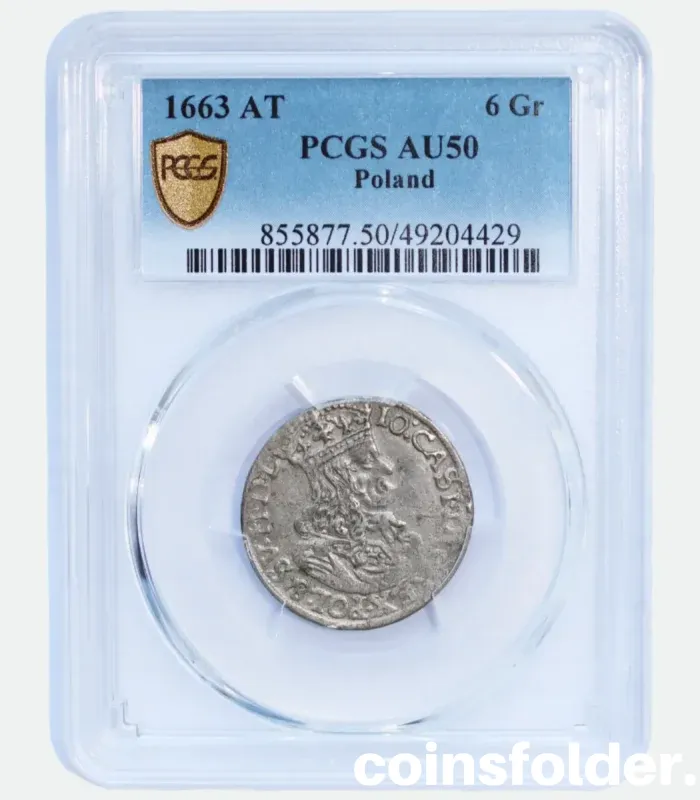 1663 Poland Silver 6 Grossus (Szostak) Coin, PCGS AU50