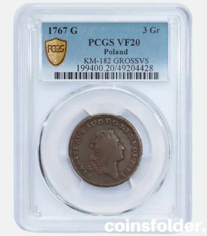 1767 Poland Copper 3 Grossu G GROSSVS Coin, PCGS VF20