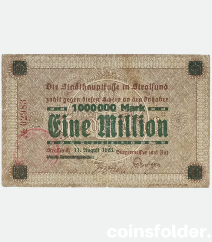 1923 Germany Stralsund Stadt notgeld 1,000,000 Mark overprinted on 100 Mark note in VF condition