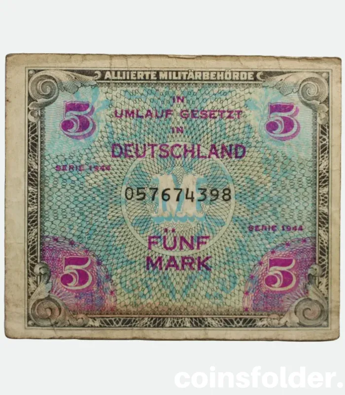 1920 Germany Allied Occupation 5 Mark banknote from the British Zone in Fine condition.