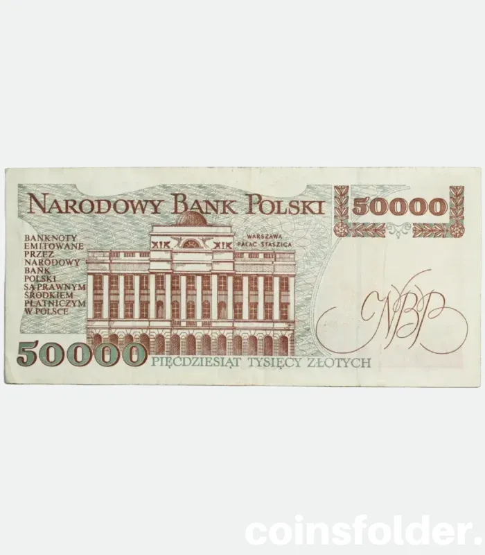 1993 Poland 50,000 Zlotych banknote, Very Fine condition, featuring Stanisław Staszic and Staszic Palace.