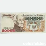 1993 Poland 50,000 Zlotych banknote, Very Fine condition, featuring Stanisław Staszic and Staszic Palace.