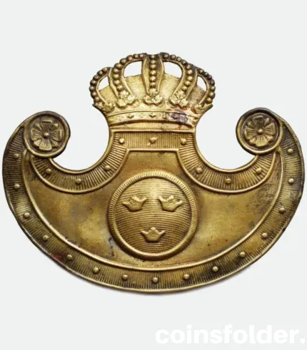 Swedish Military Shako Plate M/1831 for Non-Commissioned Officer, brass design with Swedish crown and crossed swords