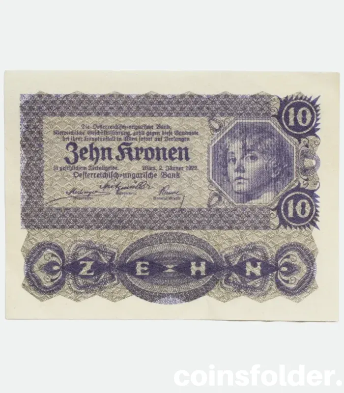 1922 Austria 10 Kronen banknote in purple print with young woman portrait