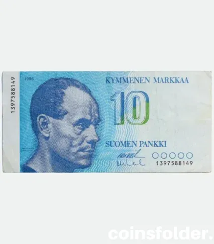 1986 Finland 10 Markkaa banknote, VF, featuring Paavo Nurmi and Helsinki Olympic Stadium.