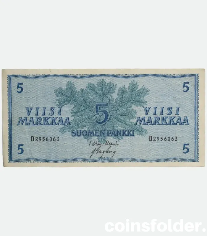 1963 Finland 5 Markkaa banknote, XF, featuring blue-green design, spruce tree branches, and Finnish Lion coat of arms.