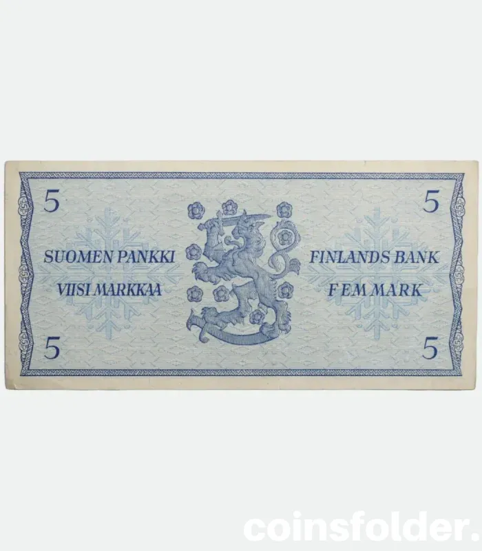 1963 Finland 5 Markkaa banknote, XF, featuring blue-green design, spruce tree branches, and Finnish Lion coat of arms.