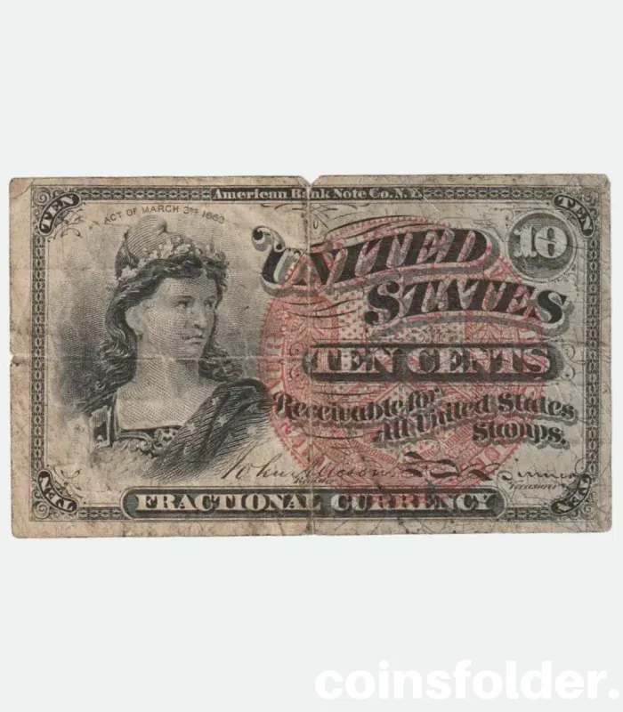 1863 USA 10 Cents Fractional Currency, 4th series, depicting Liberty and intricate engravings