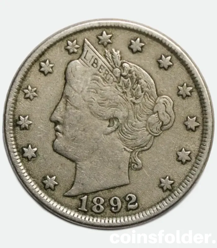 1892 USA 5 Cents "Liberty Nickel" featuring Lady Liberty and Roman numeral "V."