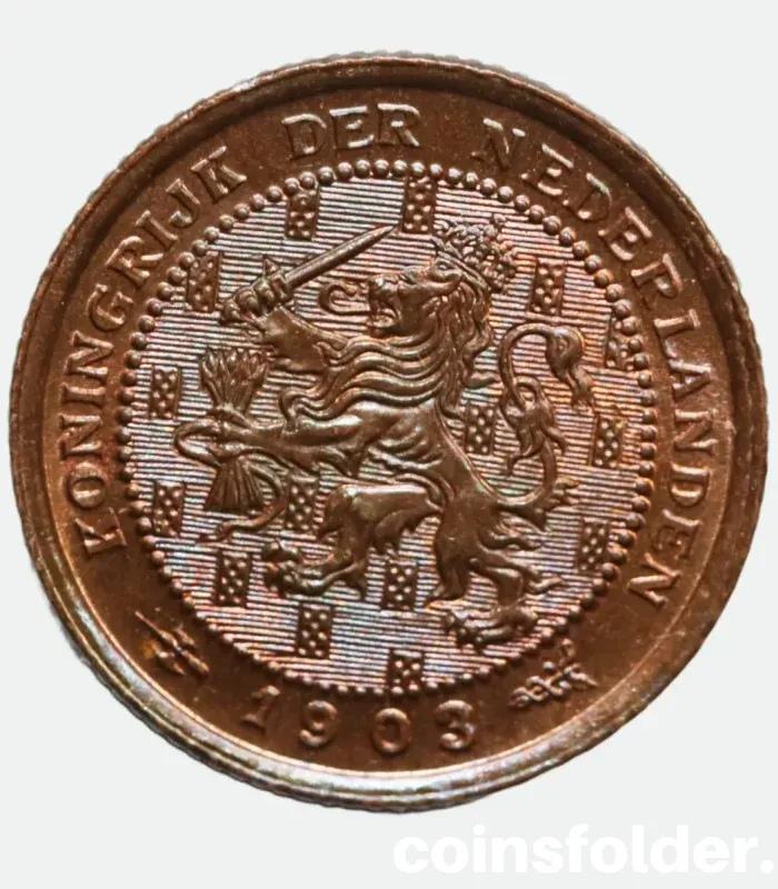 Uncirculated 1903 Netherlands 1/2 Cent coin featuring a crowned lion on the obverse and a value within a wreath on the reverse.