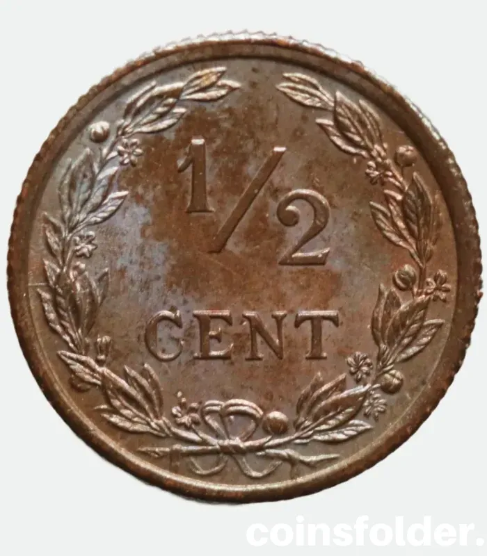 Uncirculated 1903 Netherlands 1/2 Cent coin featuring a crowned lion on the obverse and a value within a wreath on the reverse.