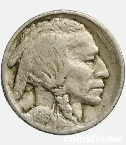 1915 USA Philadelphia 5 Cents "Buffalo Nickel" featuring Native American chiefs and an American bison.